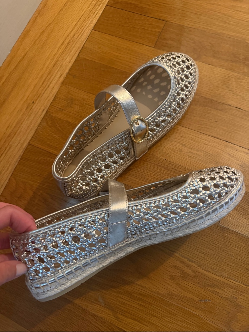 Stuart Weitzman gold Mary Jane Woven Espadrille Flats - Women